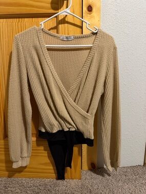 Beige Waffle-Knit Wrap Sweater bodysuit